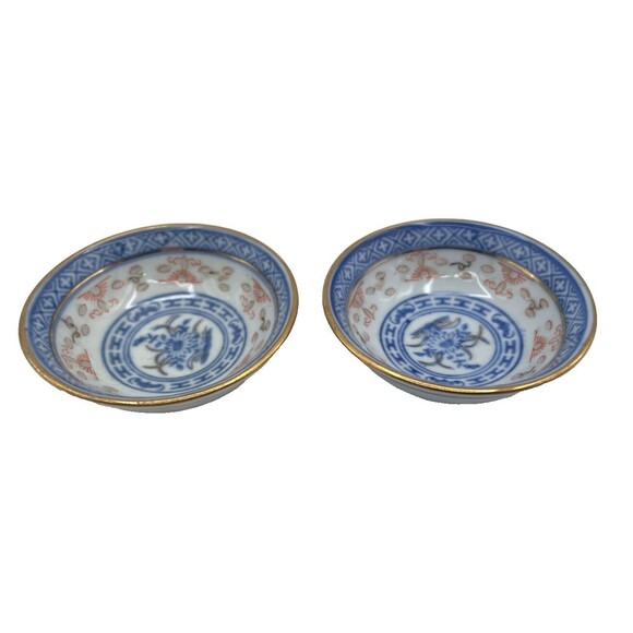 2 Vintage Chinese Eye Rice Grain Dipping Bowls Blue and White Porcelain RARE - Picture 9 of 9